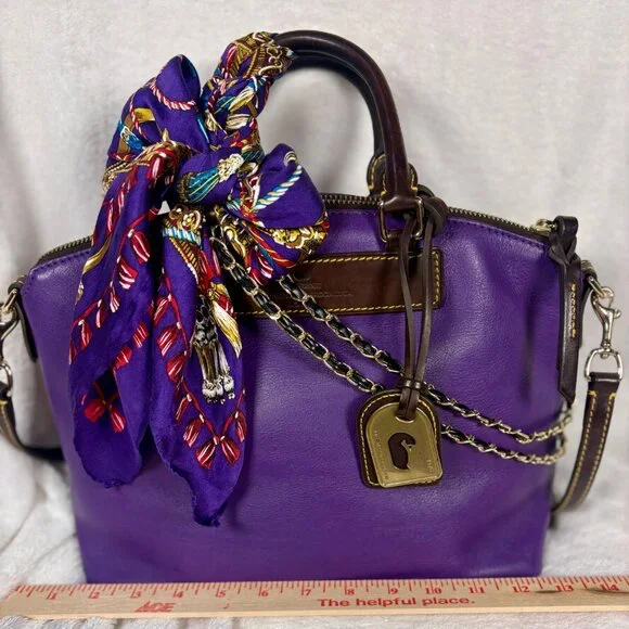 Dooney &  Bourke Purple Florentine Vachetta Dillen Satchel with Scarf and Chains - Picture 9 of 12